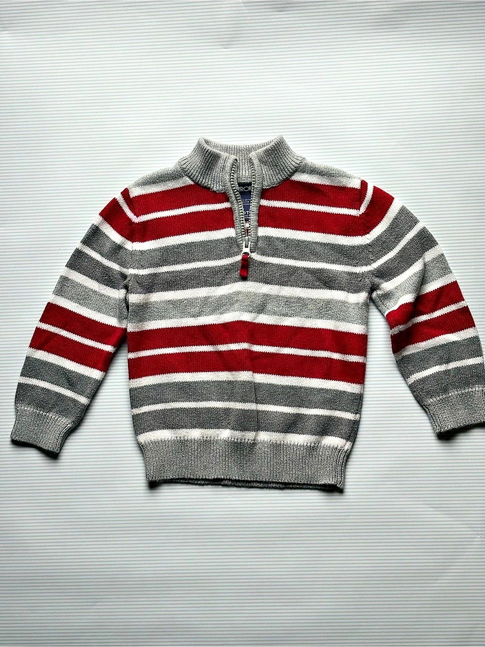 Cherokee Boys 3T Striped Quarter-Zip Sweater Gray & Red Like New